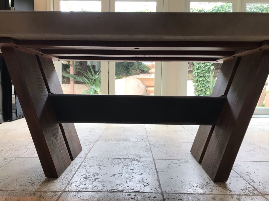 Bonham Dining Table For The Industrial Home Acutely Angled With Reclaimed French Oak Legs, Steel Stretcher And Smooth Grey Concrete Top With Beveled Edge 78W X 41D X 30H Retails $2,500 [Photo 6]