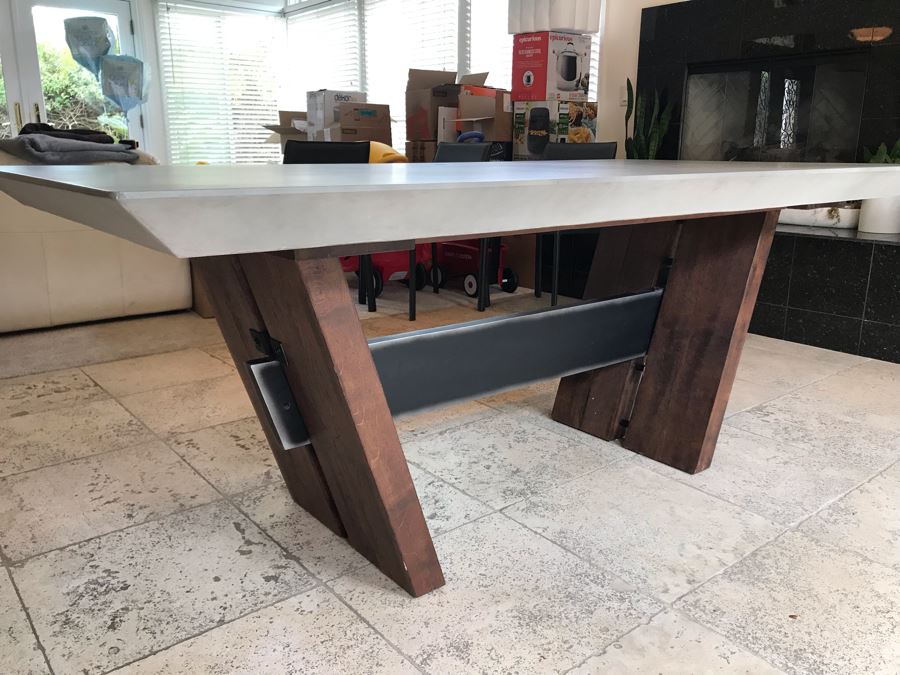 Bonham Dining Table For The Industrial Home Acutely Angled With Reclaimed French Oak Legs, Steel Stretcher And Smooth Grey Concrete Top With Beveled Edge 78W X 41D X 30H Retails $2,500 [Photo 21]