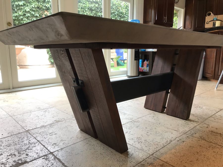Bonham Dining Table For The Industrial Home Acutely Angled With Reclaimed French Oak Legs, Steel Stretcher And Smooth Grey Concrete Top With Beveled Edge 78W X 41D X 30H Retails $2,500 [Photo 9]