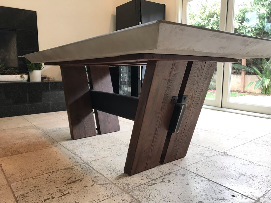 Bonham Dining Table For The Industrial Home Acutely Angled With Reclaimed French Oak Legs, Steel Stretcher And Smooth Grey Concrete Top With Beveled Edge 78W X 41D X 30H Retails $2,500 [Photo 13]