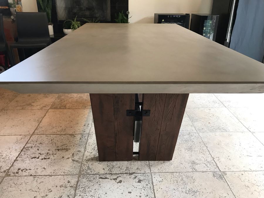Bonham Dining Table For The Industrial Home Acutely Angled With Reclaimed French Oak Legs, Steel Stretcher And Smooth Grey Concrete Top With Beveled Edge 78W X 41D X 30H Retails $2,500 [Photo 16]