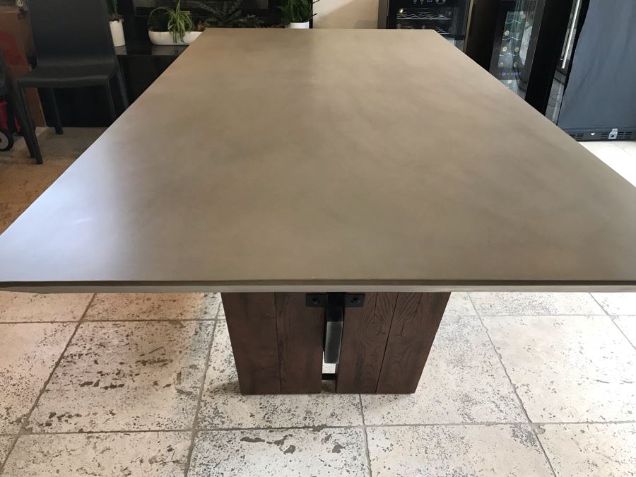 Bonham Dining Table For The Industrial Home Acutely Angled With Reclaimed French Oak Legs, Steel Stretcher And Smooth Grey Concrete Top With Beveled Edge 78W X 41D X 30H Retails $2,500 [Photo 17]