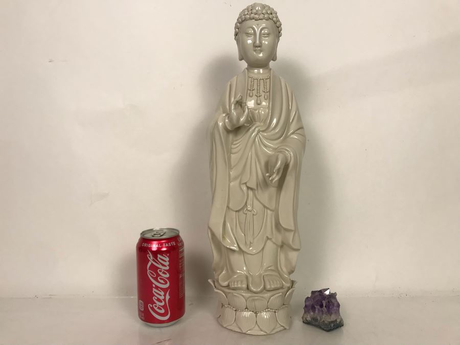Chinese Blanc De Chine White Porcelian Figurine Of Quan Yin 6W X 17H And Amethyst Crystal Geode Piece