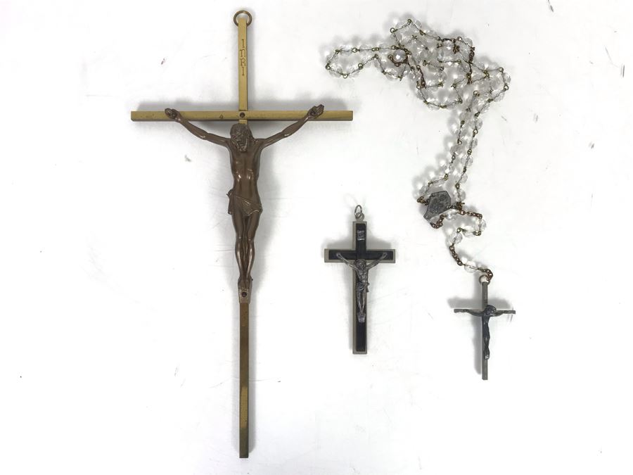 Pair Of Metal Italian Crucifixes And Rosary Beads