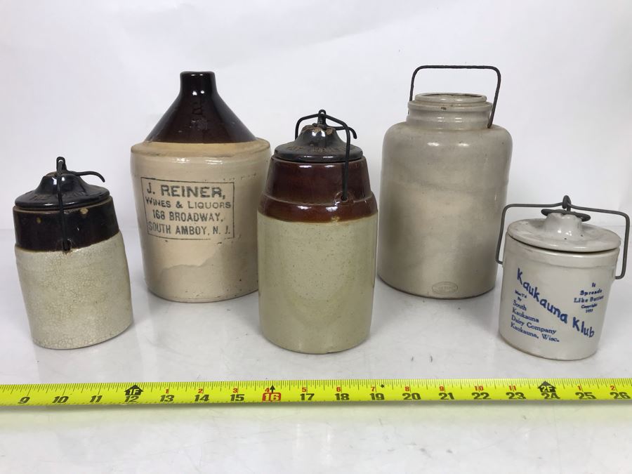 Collection Of Five Vintage Stoneware Jugs Including J. Reiner Advertising Whiskey Bottle, Pair Of The Weirs, Kaukauna Klub Dairy Co Wisc And Sherwood Bros. Pottery New Brighton, PA 5H-9H [Photo 1]