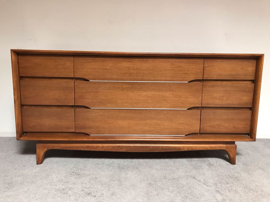 Mid-Century Modern Kent-Coffey Forum Dresser Chest Of Drawers Walnut & Pecan Wood 64W X 19.5D X 31H [Photo 3]