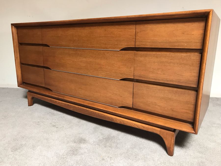 Mid-Century Modern Kent-Coffey Forum Dresser Chest Of Drawers Walnut & Pecan Wood 64W X 19.5D X 31H [Photo 19]