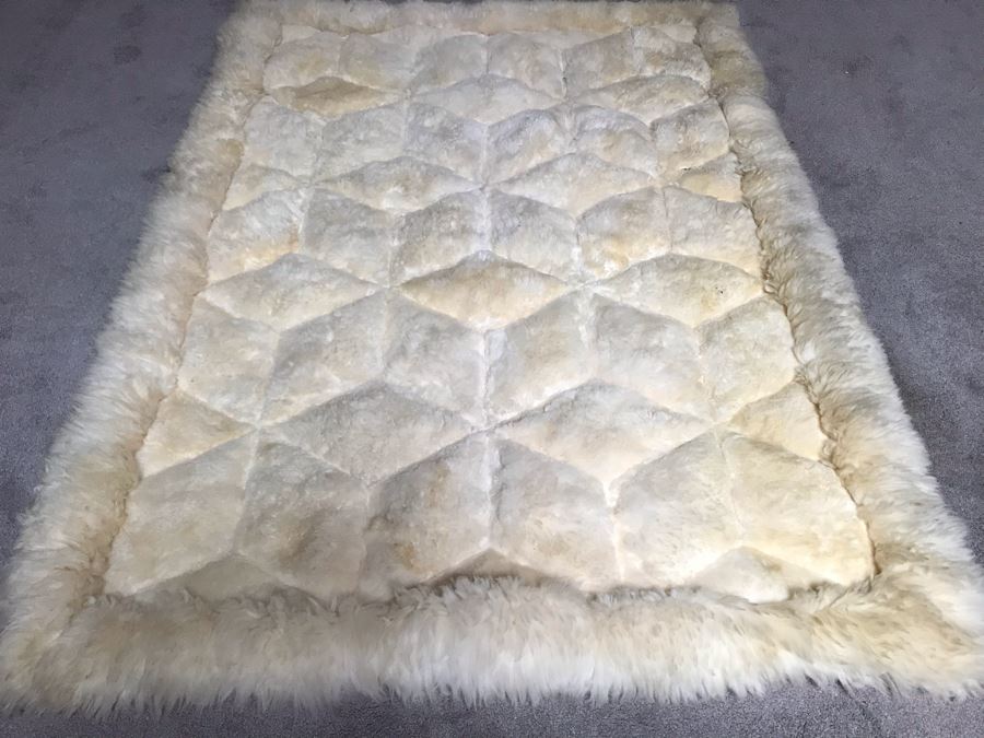 Large Geometric Pattern Sewn Sheepskin Area Rug - Note See Photos For Two Sections That Need Sewing Repair 68 X 51 [Photo 4]