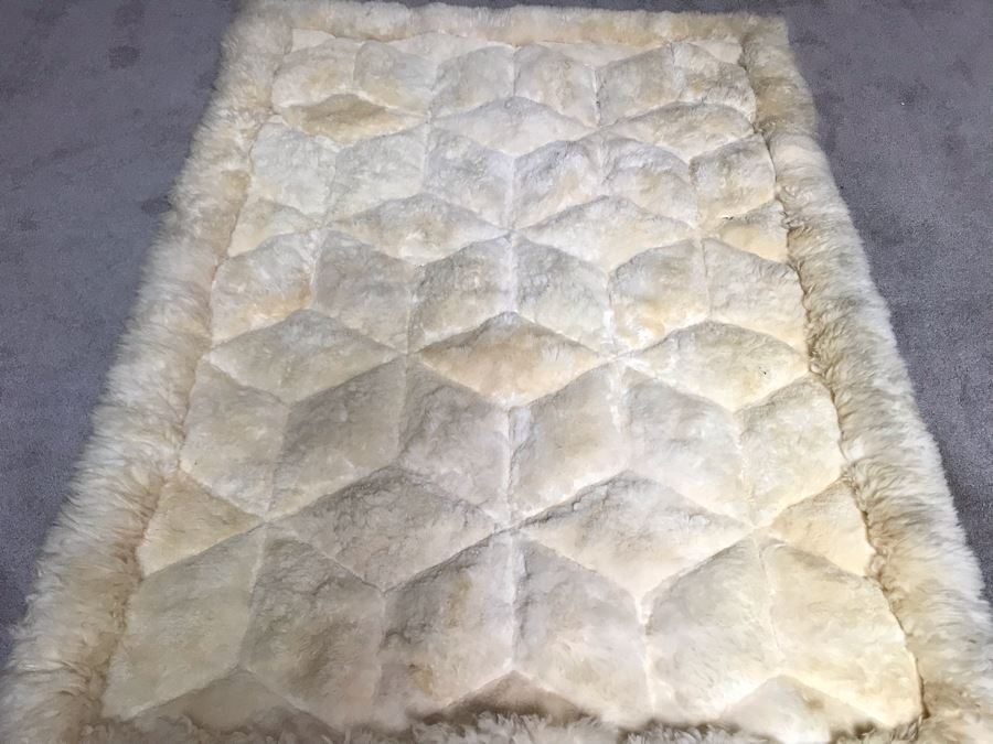 Large Geometric Pattern Sewn Sheepskin Area Rug - Note See Photos For Two Sections That Need Sewing Repair 68 X 51 [Photo 5]