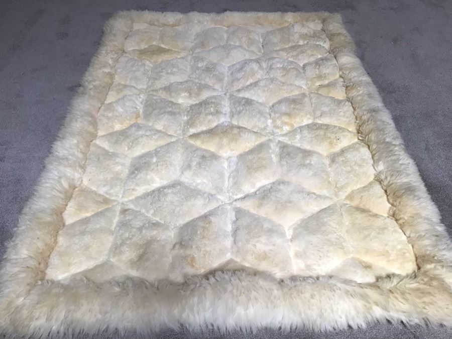 Large Geometric Pattern Sewn Sheepskin Area Rug - Note See Photos For Two Sections That Need Sewing Repair 68 X 51