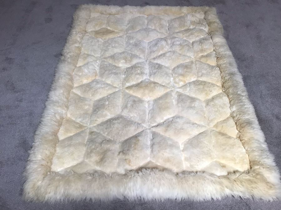 Large Geometric Pattern Sewn Sheepskin Area Rug - Note See Photos For Two Sections That Need Sewing Repair 68 X 51 [Photo 2]