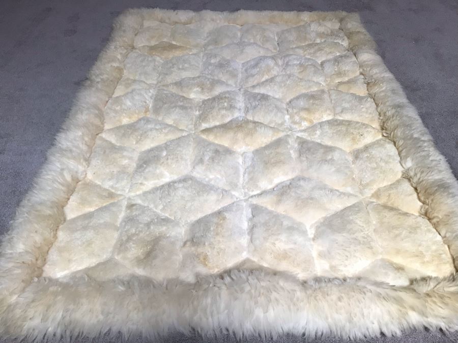 Large Geometric Pattern Sewn Sheepskin Area Rug - Note See Photos For Two Sections That Need Sewing Repair 68 X 51 [Photo 3]