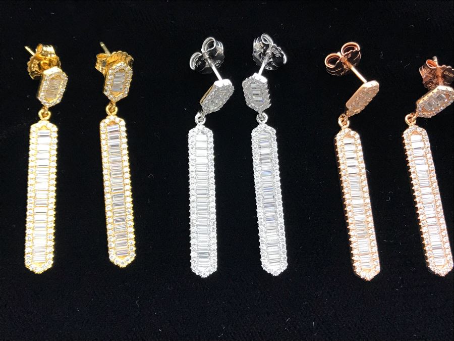 Three Pairs Of Diamonique Baguette Linear Dangle Sterling Silver Earrings [Photo 2]