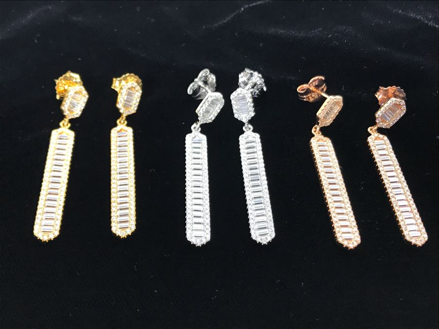 Three Pairs Of Diamonique Baguette Linear Dangle Sterling Silver Earrings [Photo 3]