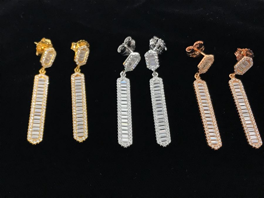 Three Pairs Of Diamonique Baguette Linear Dangle Sterling Silver Earrings [Photo 4]