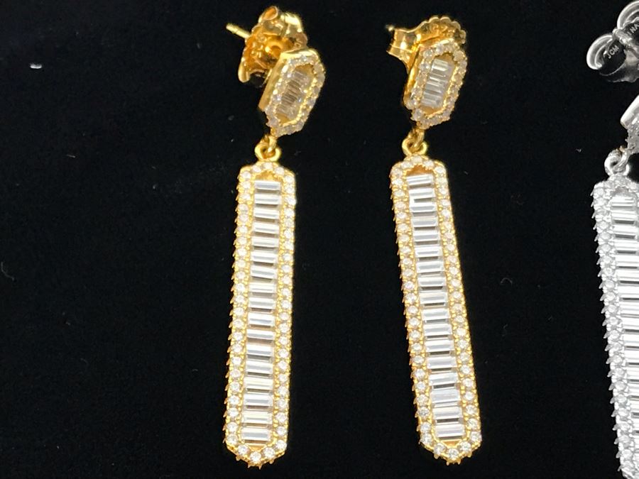Three Pairs Of Diamonique Baguette Linear Dangle Sterling Silver Earrings [Photo 5]