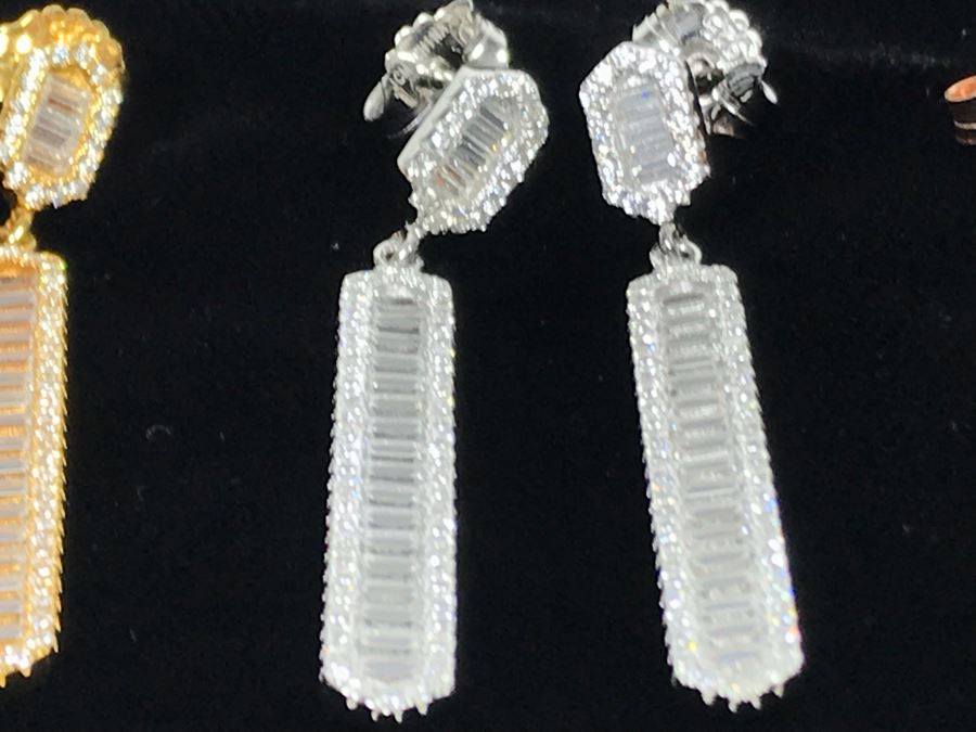 Three Pairs Of Diamonique Baguette Linear Dangle Sterling Silver Earrings [Photo 9]