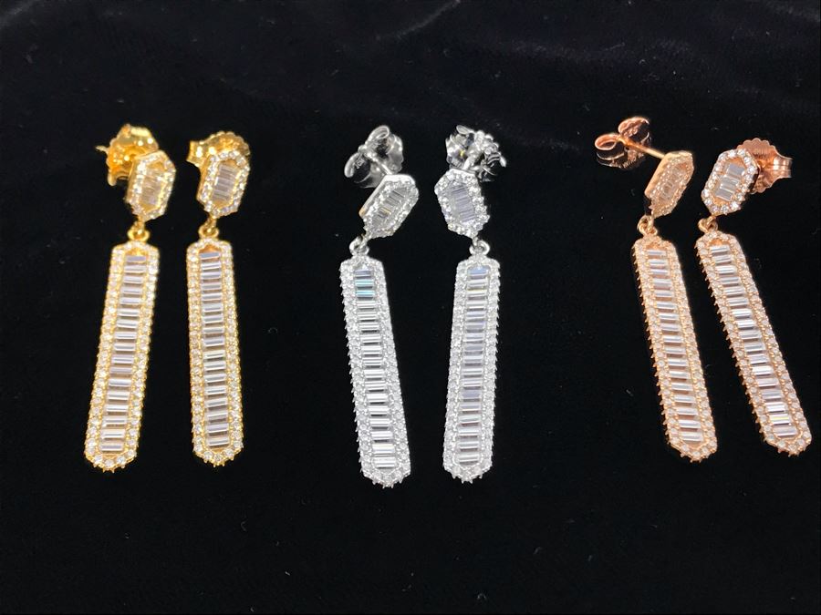 Three Pairs Of Diamonique Baguette Linear Dangle Sterling Silver Earrings [Photo 1]