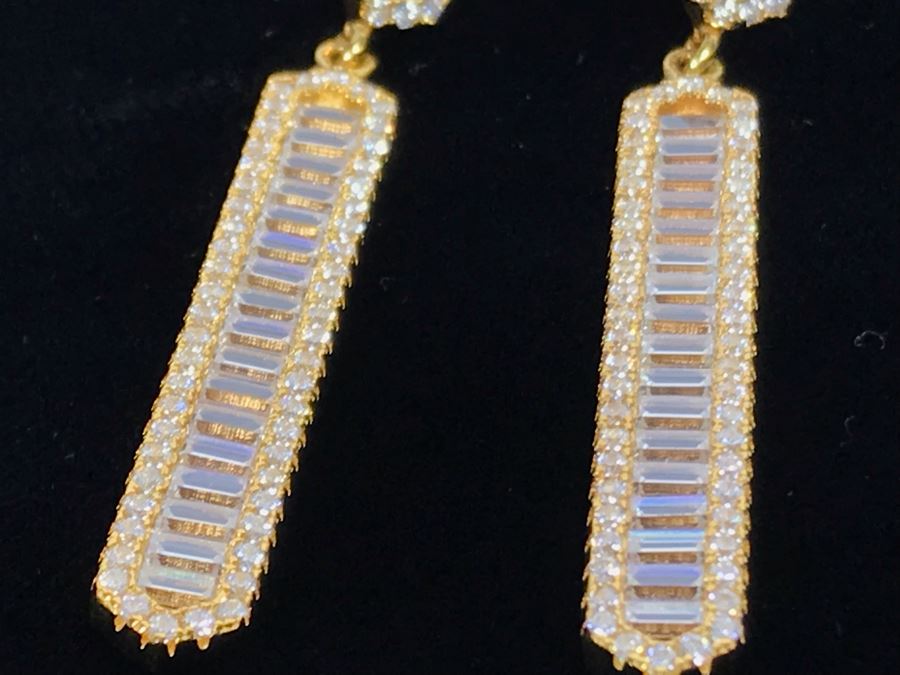 Three Pairs Of Diamonique Baguette Linear Dangle Sterling Silver Earrings [Photo 7]
