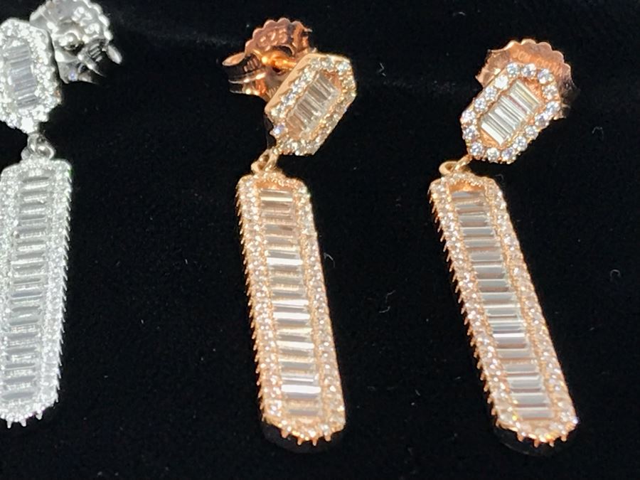 Three Pairs Of Diamonique Baguette Linear Dangle Sterling Silver Earrings [Photo 10]