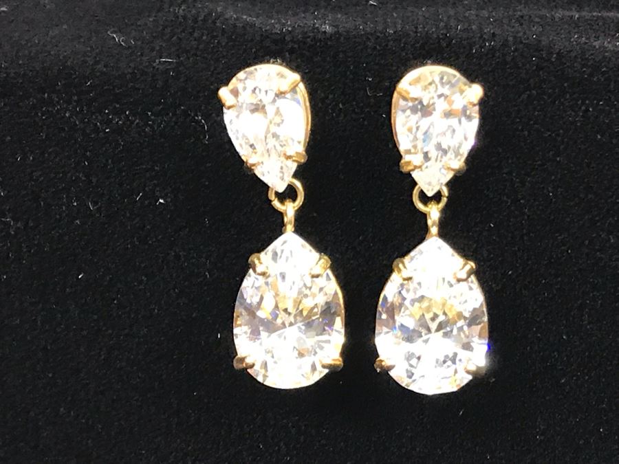 Pair Of 14K Yellow Gold CZ Drop Post Earrings [Photo 7]