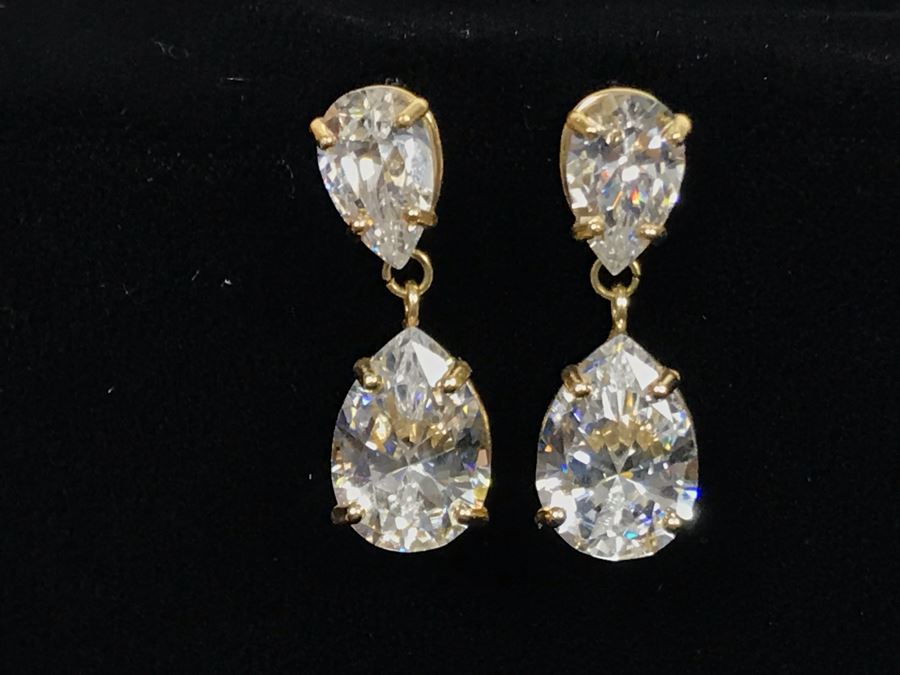 Pair Of 14K Yellow Gold CZ Drop Post Earrings [Photo 6]
