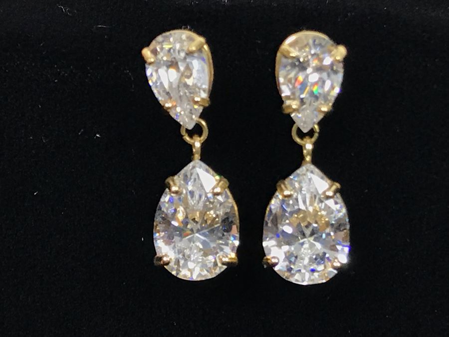 Pair Of 14K Yellow Gold CZ Drop Post Earrings [Photo 3]