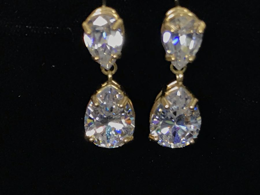 Pair Of 14K Yellow Gold CZ Drop Post Earrings [Photo 2]