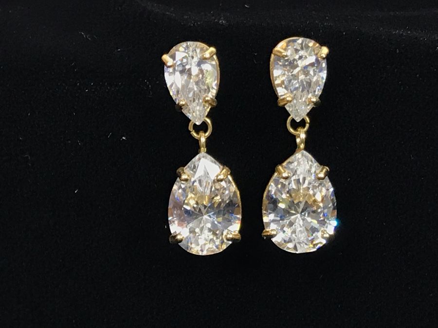 Pair Of 14K Yellow Gold CZ Drop Post Earrings [Photo 4]