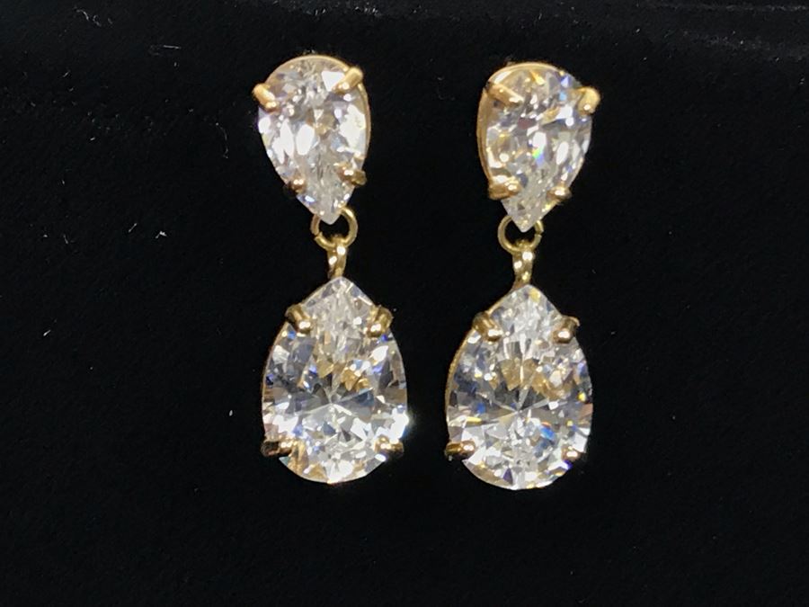 Pair Of 14K Yellow Gold CZ Drop Post Earrings [Photo 5]