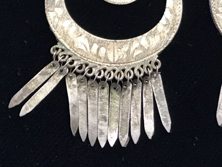 Pair Of Chased Sterling Silver Earrings Mexico [Photo 7]