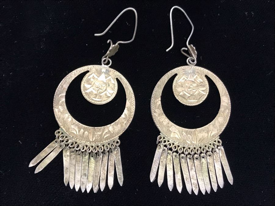 Pair Of Chased Sterling Silver Earrings Mexico [Photo 3]