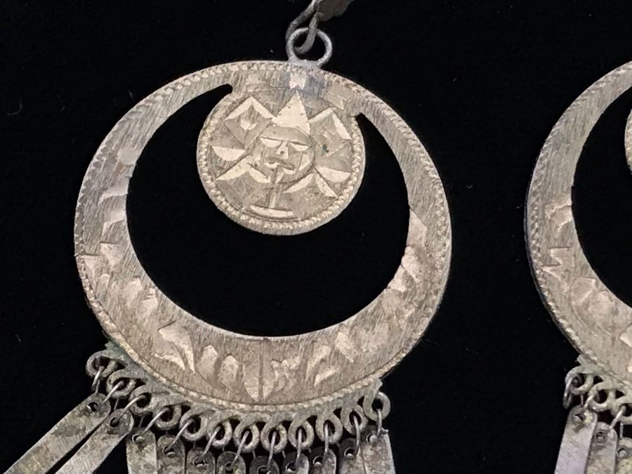 Pair Of Chased Sterling Silver Earrings Mexico [Photo 8]