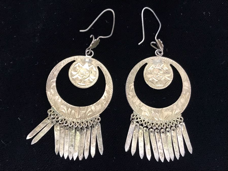 Pair Of Chased Sterling Silver Earrings Mexico [Photo 2]
