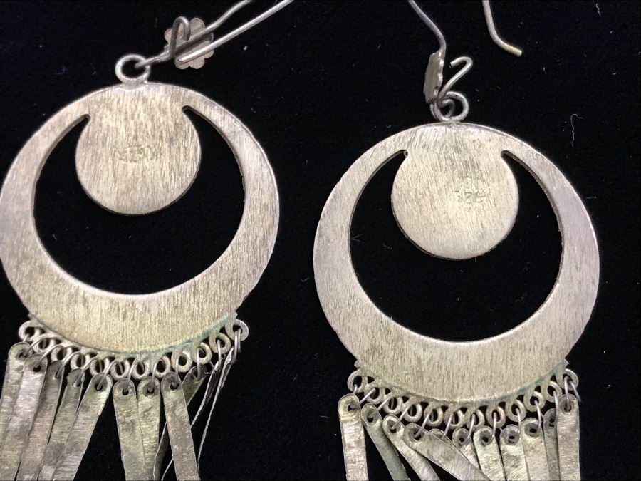 Pair Of Chased Sterling Silver Earrings Mexico [Photo 9]
