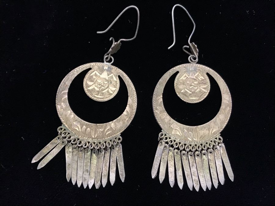 Pair Of Chased Sterling Silver Earrings Mexico