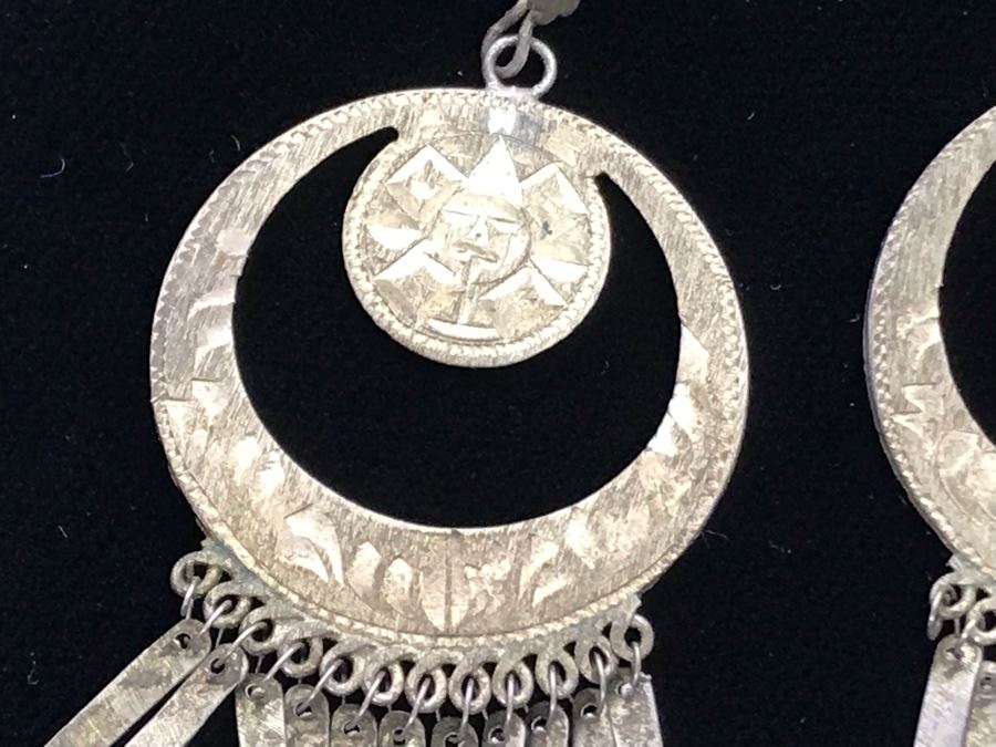 Pair Of Chased Sterling Silver Earrings Mexico [Photo 6]
