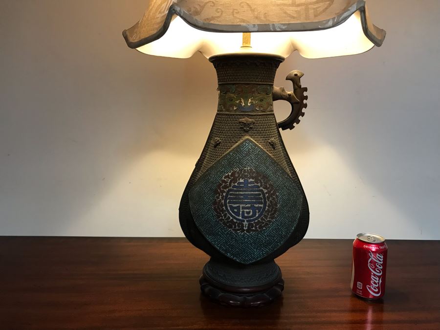 Large Antique Chinese Bronze With Cloisonne Vase Converted To Table Lamp - Missing One Handle 19W X 36H - See Photos [Photo 5]