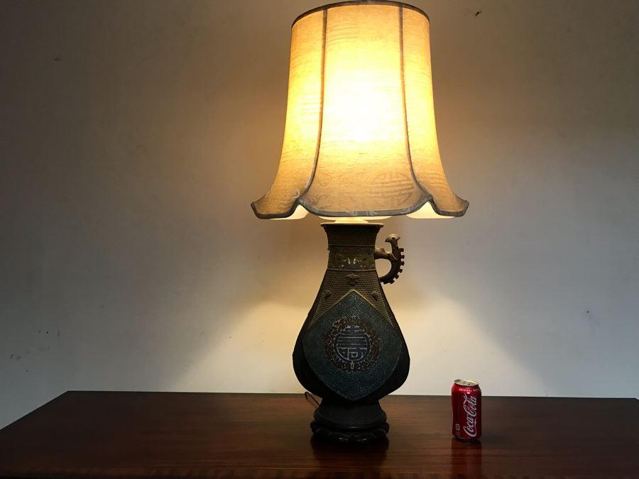 Large Antique Chinese Bronze With Cloisonne Vase Converted To Table Lamp - Missing One Handle 19W X 36H - See Photos [Photo 3]