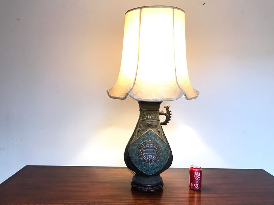 Large Antique Chinese Bronze With Cloisonne Vase Converted To Table Lamp - Missing One Handle 19W X 36H - See Photos [Photo 2]