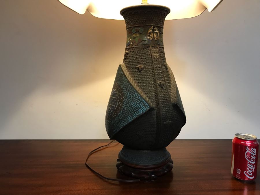 Large Antique Chinese Bronze With Cloisonne Vase Converted To Table Lamp - Missing One Handle 19W X 36H - See Photos [Photo 33]