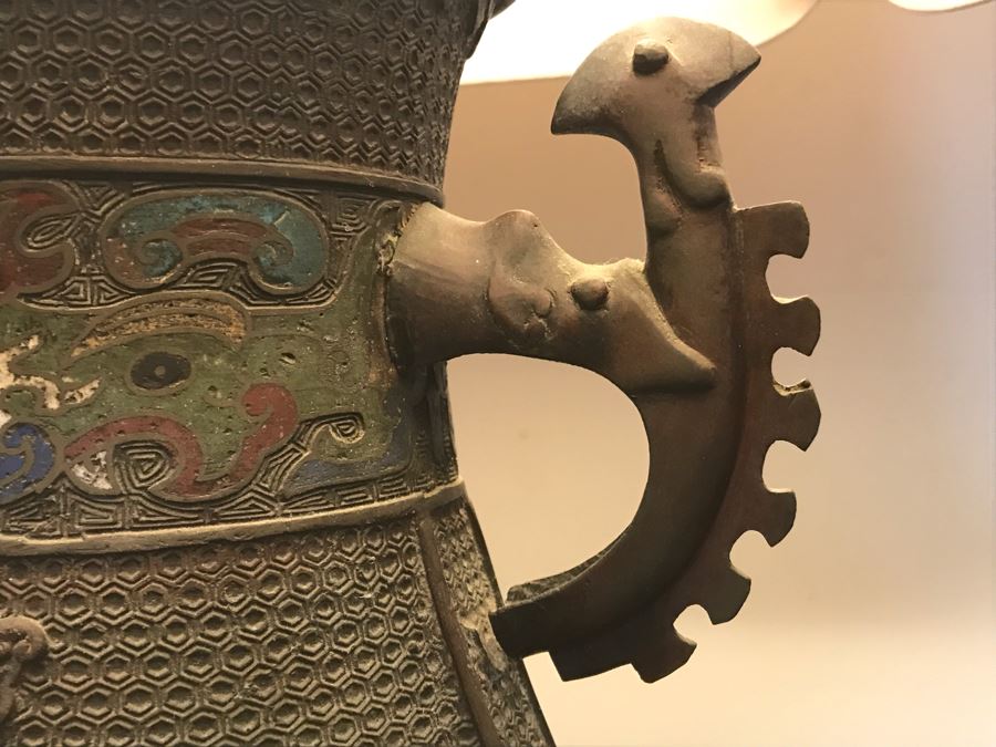Large Antique Chinese Bronze With Cloisonne Vase Converted To Table Lamp - Missing One Handle 19W X 36H - See Photos [Photo 12]