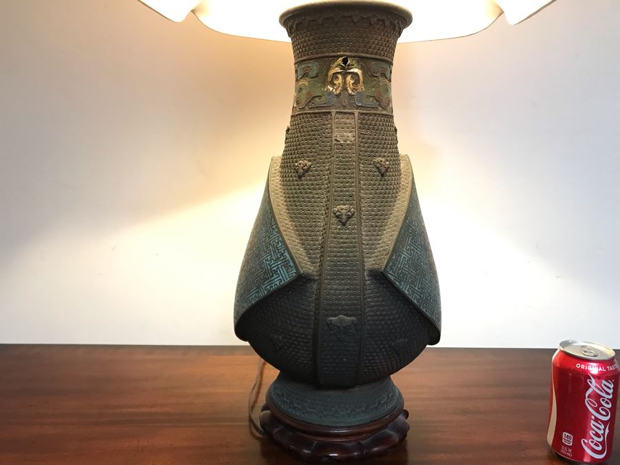 Large Antique Chinese Bronze With Cloisonne Vase Converted To Table Lamp - Missing One Handle 19W X 36H - See Photos [Photo 18]