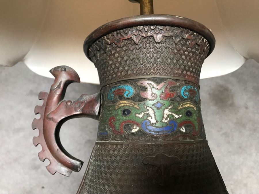 Large Antique Chinese Bronze With Cloisonne Vase Converted To Table Lamp - Missing One Handle 19W X 36H - See Photos [Photo 40]