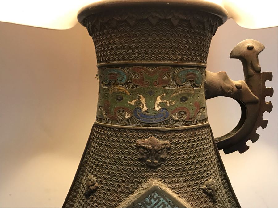 Large Antique Chinese Bronze With Cloisonne Vase Converted To Table Lamp - Missing One Handle 19W X 36H - See Photos [Photo 9]