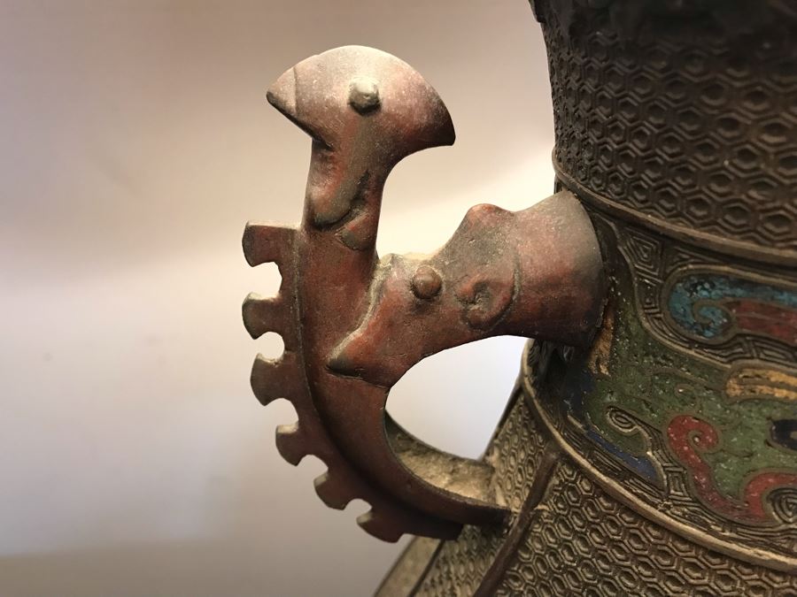 Large Antique Chinese Bronze With Cloisonne Vase Converted To Table Lamp - Missing One Handle 19W X 36H - See Photos [Photo 29]