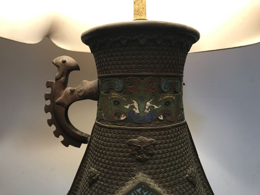 Large Antique Chinese Bronze With Cloisonne Vase Converted To Table Lamp - Missing One Handle 19W X 36H - See Photos [Photo 22]