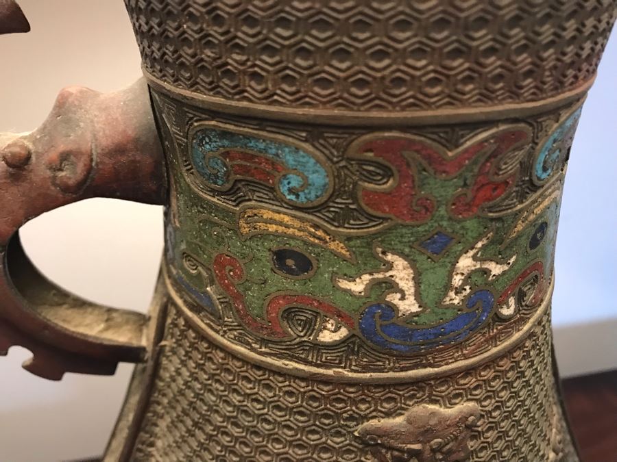 Large Antique Chinese Bronze With Cloisonne Vase Converted To Table Lamp - Missing One Handle 19W X 36H - See Photos [Photo 30]