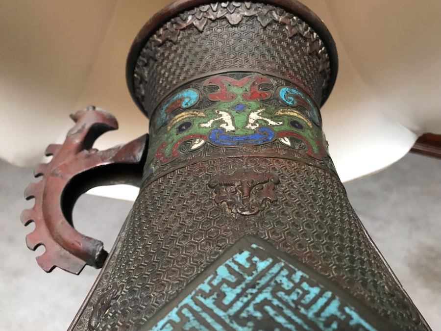 Large Antique Chinese Bronze With Cloisonne Vase Converted To Table Lamp - Missing One Handle 19W X 36H - See Photos [Photo 43]