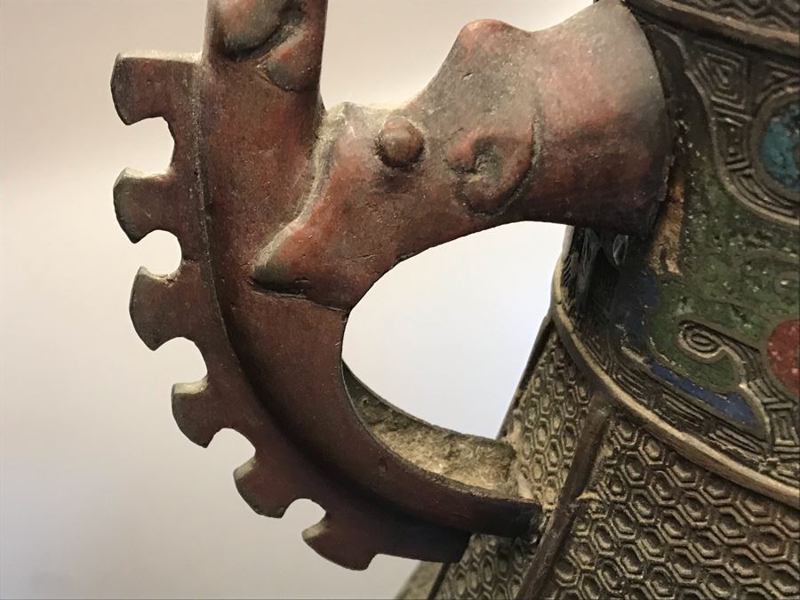 Large Antique Chinese Bronze With Cloisonne Vase Converted To Table Lamp - Missing One Handle 19W X 36H - See Photos [Photo 28]